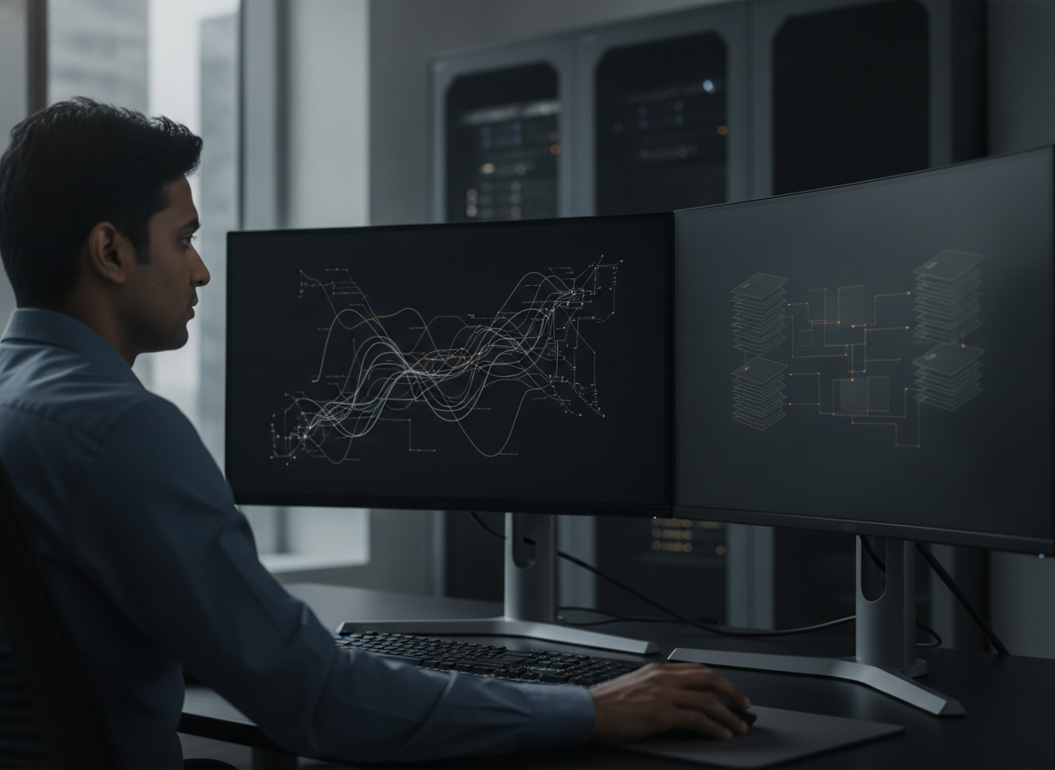 documentary-style photo of a Banao engineer at a workstation reviewing Arabic and English text analysis output on screen, natural office light, Dubai office setting