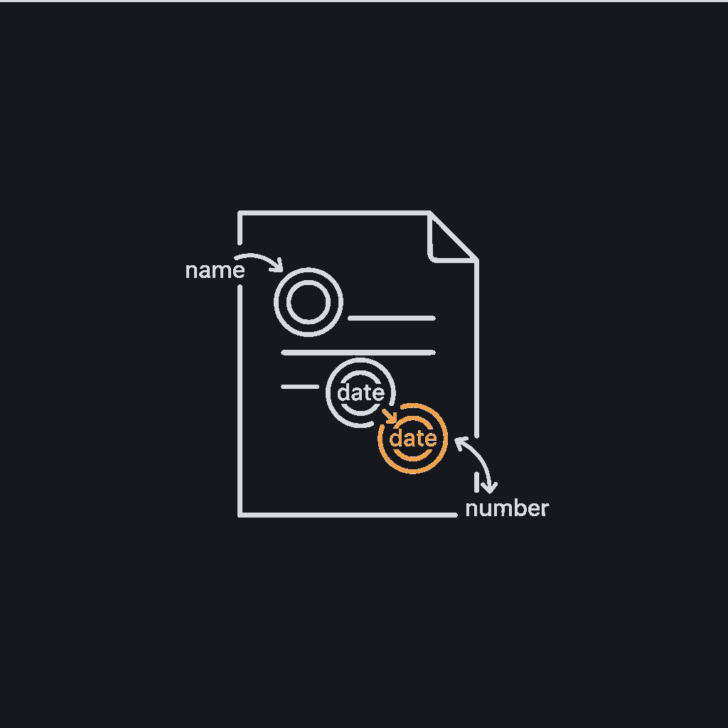 minimal line icon of a document with a name, a date, and a number each circled and pulled out by a small arrow, entity extraction concept