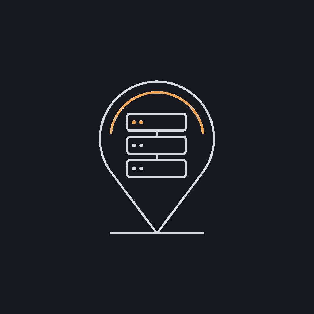 minimal line icon of a server rack inside a location-pin outline, UAE-zone infrastructure concept