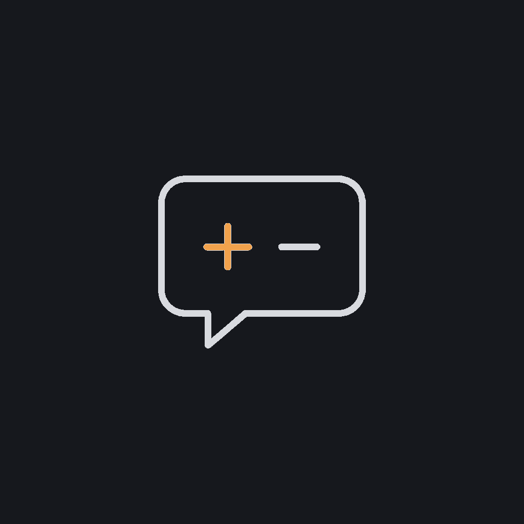 minimal line icon of a speech bubble with a plus and minus polarity mark inside, sentiment scoring concept