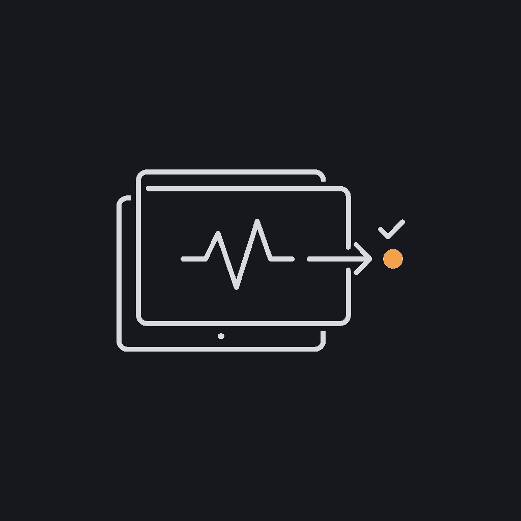 minimal line icon of a dashboard with a live pulse line and a handoff arrow, monitoring/ownership concept