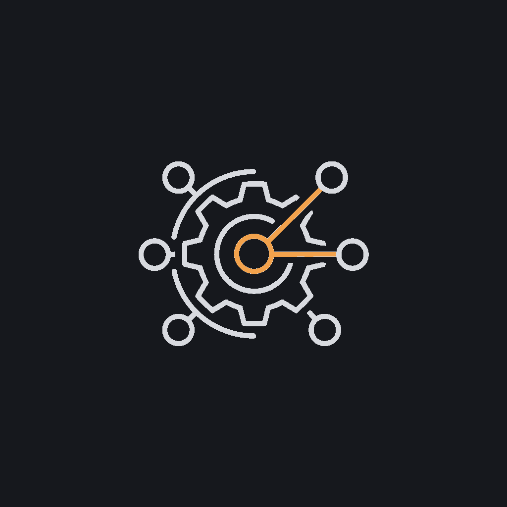 minimal line icon of a gear turning inside a neural-network node cluster, fine-tuning concept