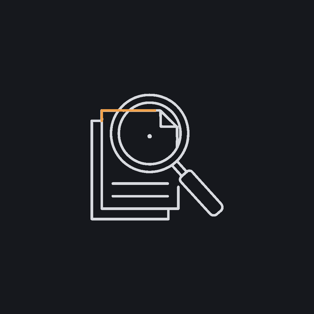 minimal line icon of a magnifying glass over a stack of documents, use-case scoping concept