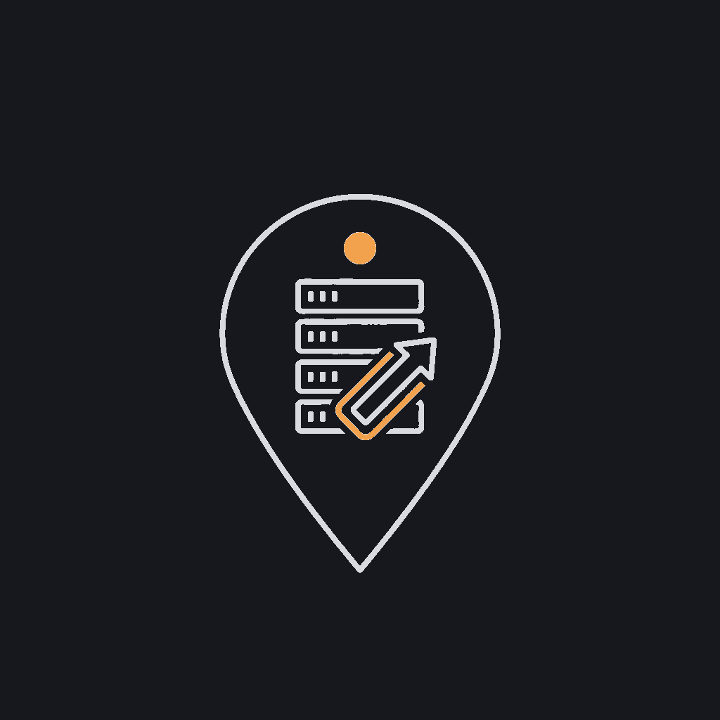minimal line icon of a server rack inside a map-pin outline, UAE-zone deployment concept