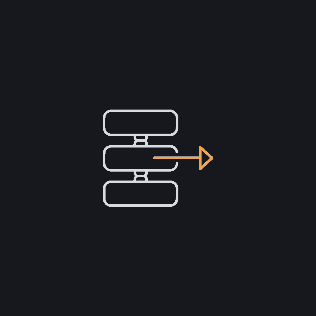 minimal line icon of connected pipeline blocks with an arrow flowing left to right, build/ingestion concept