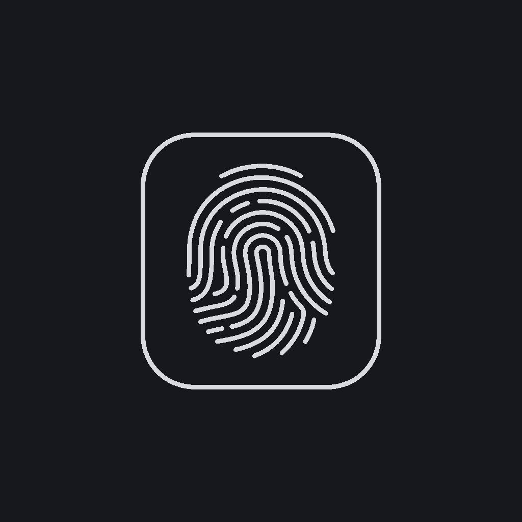 minimal line icon of a fingerprint inside a rounded square lock outline, monochrome, single stroke weight