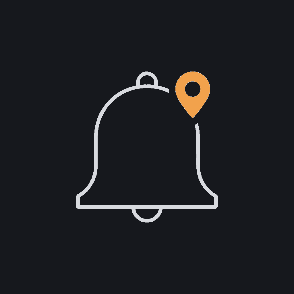minimal line icon of a bell with a small locator-pin dot