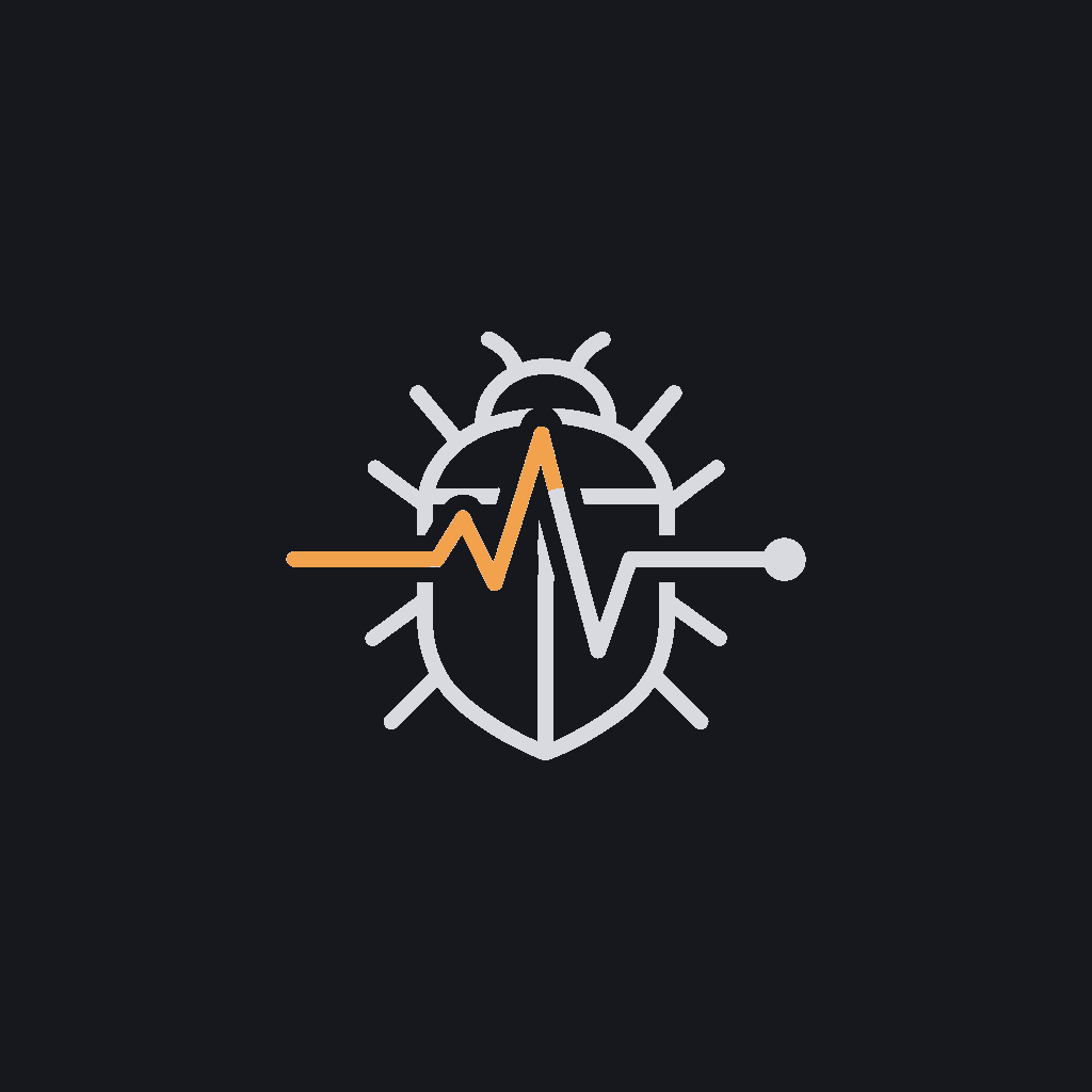 minimal line icon of a heart-rate pulse line crossing a small bug outline