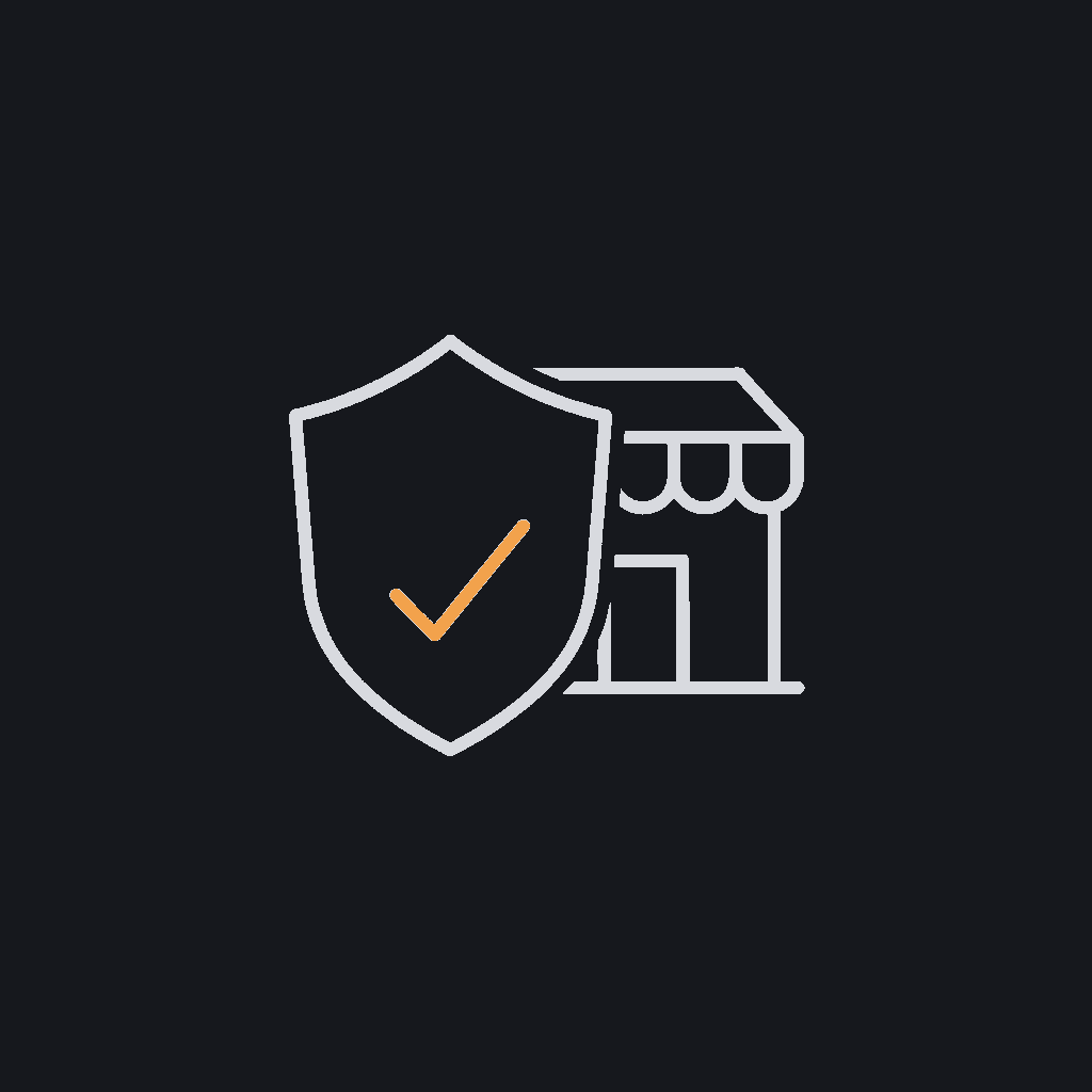 minimal line icon of a shield with a checkmark beside a storefront outline