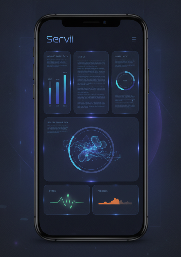 small device-frame screenshot of the Servii app home screen, dark UI, app wordmark visible