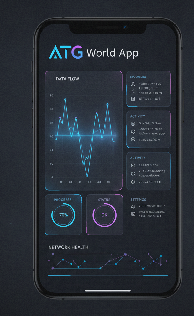 small device-frame screenshot of the ATG World app home screen, dark UI, app wordmark visible
