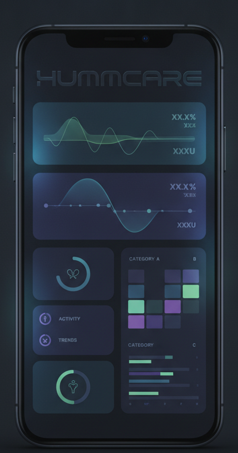 small device-frame screenshot of the Hummcare app home screen, dark UI, app wordmark visible