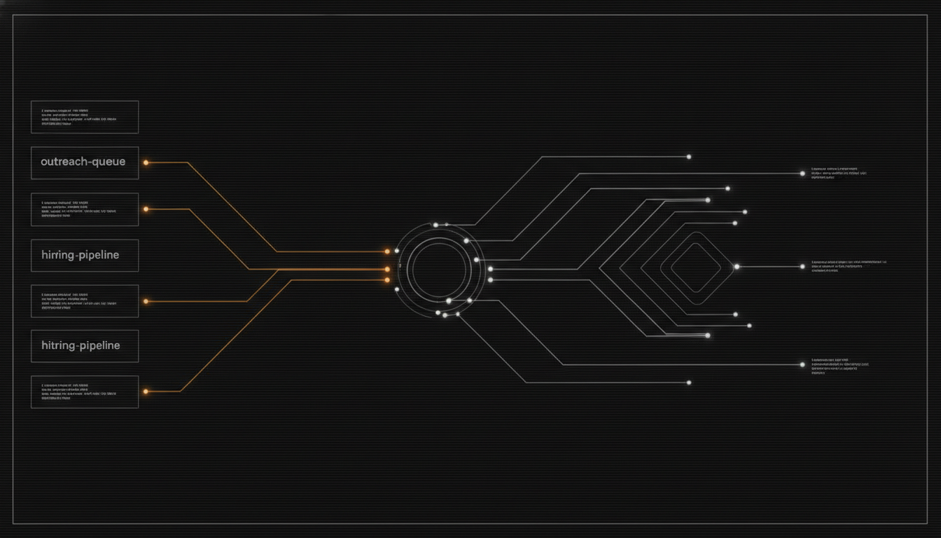 stylized terminal/dashboard mockup showing a live status feed from an internal Banao system (e.g. outreach-queue and hiring-pipeline status lines), monospace type, dark panel, subtle scanline texture, no fabricated real data