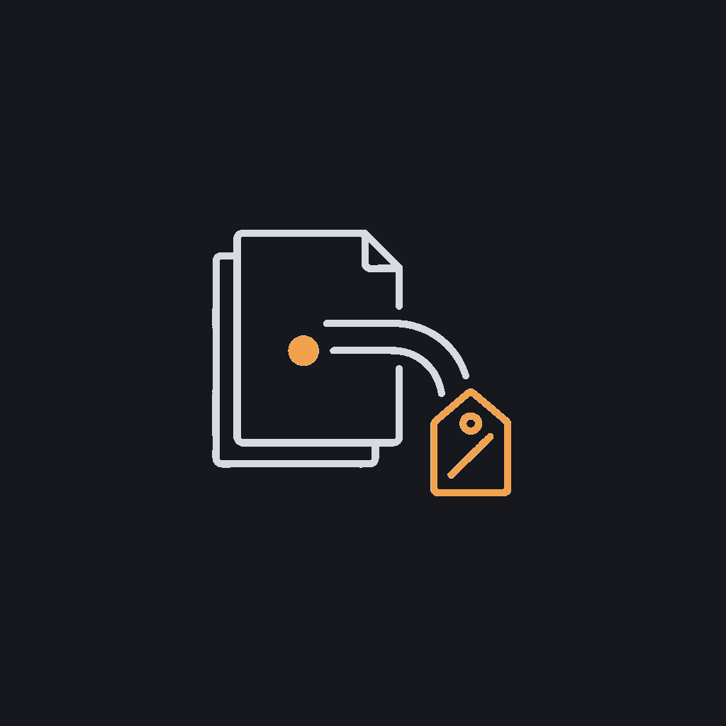 minimal line icon of a document stream being auto-tagged, a file with a tag symbol attaching to it, content-operations concept