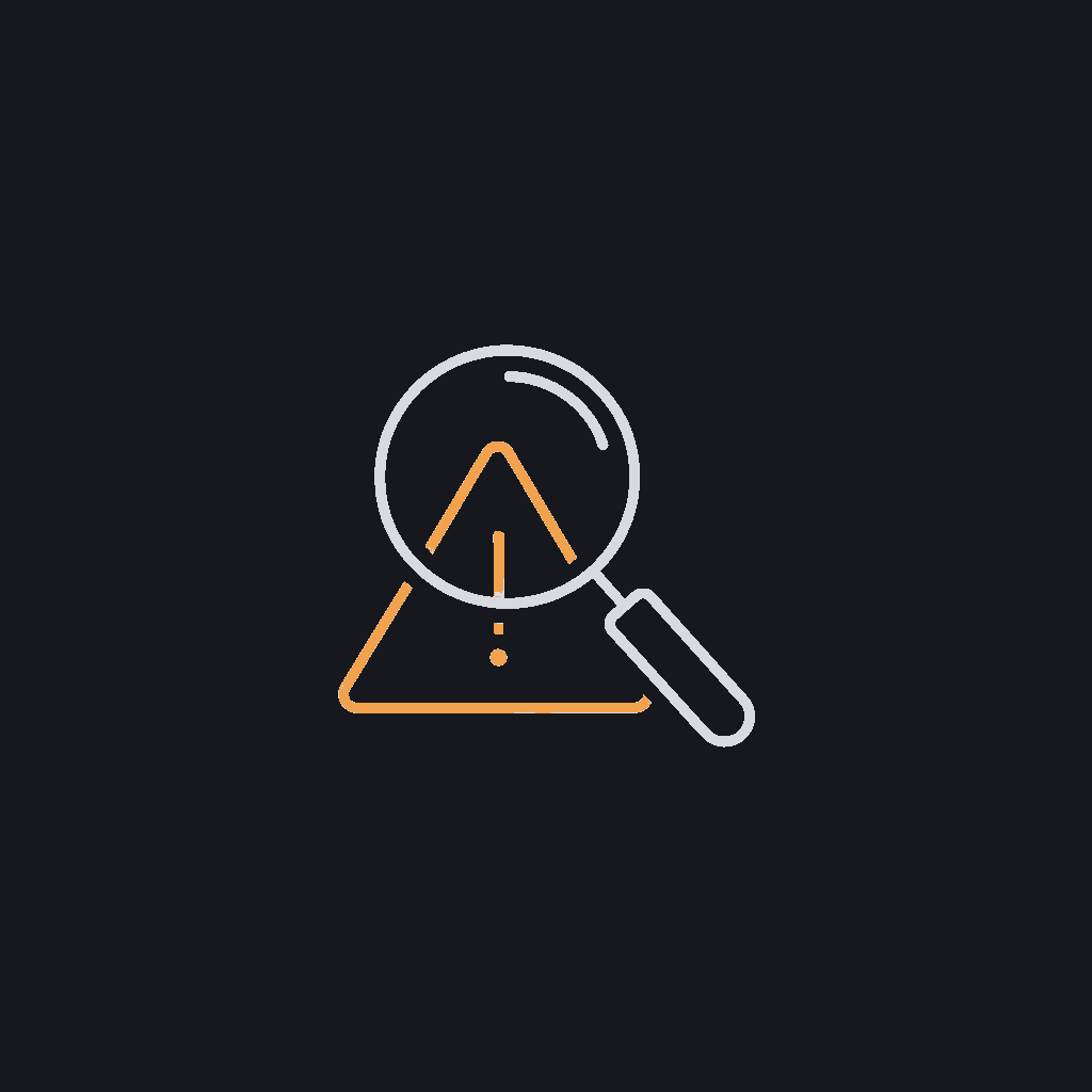 minimal line icon of a magnifying glass uncovering a hidden warning triangle, blind-spot-detection concept