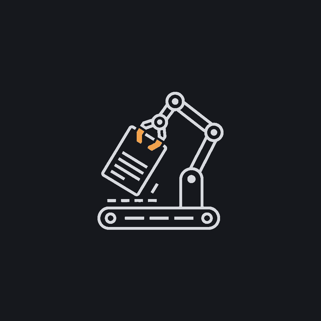minimal line icon of a manual task card being lifted off a conveyor belt by a mechanical arm, manual-work-removal concept