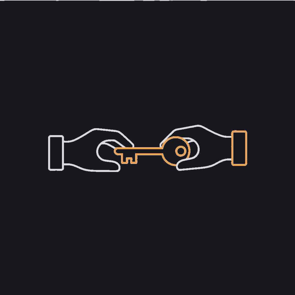 minimal line icon of a key passing from one hand outline to another, ownership handover concept