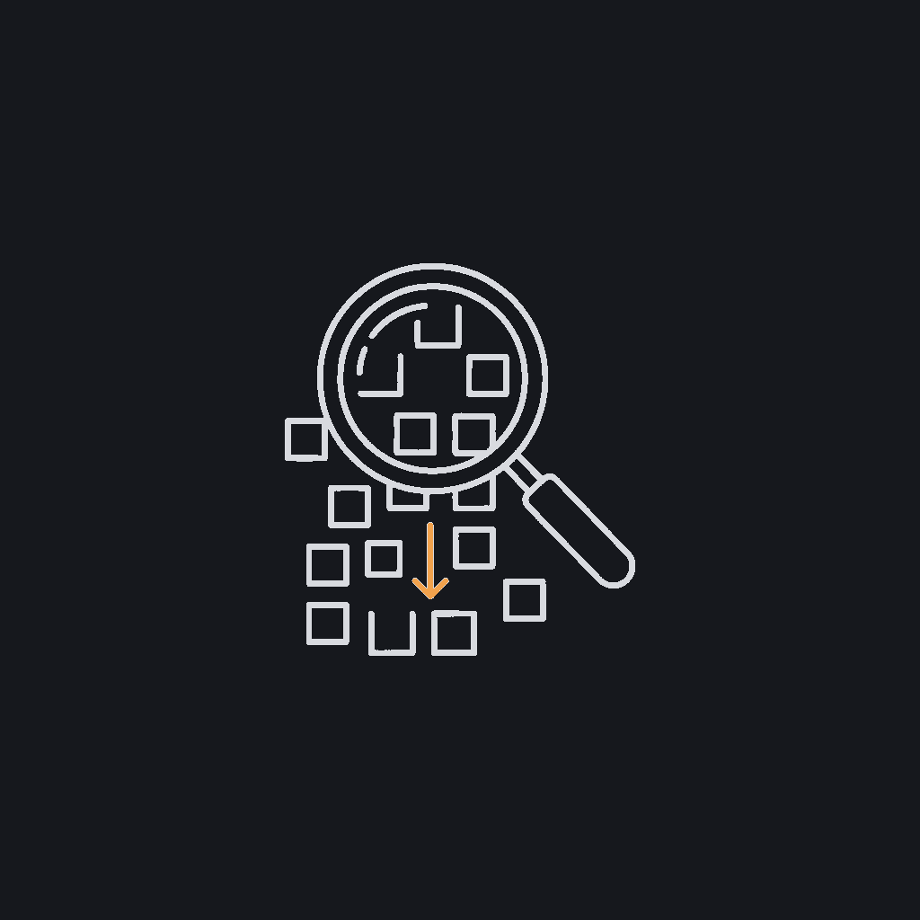 minimal line icon of a magnifying glass over a stream of content tiles, diagnostic concept
