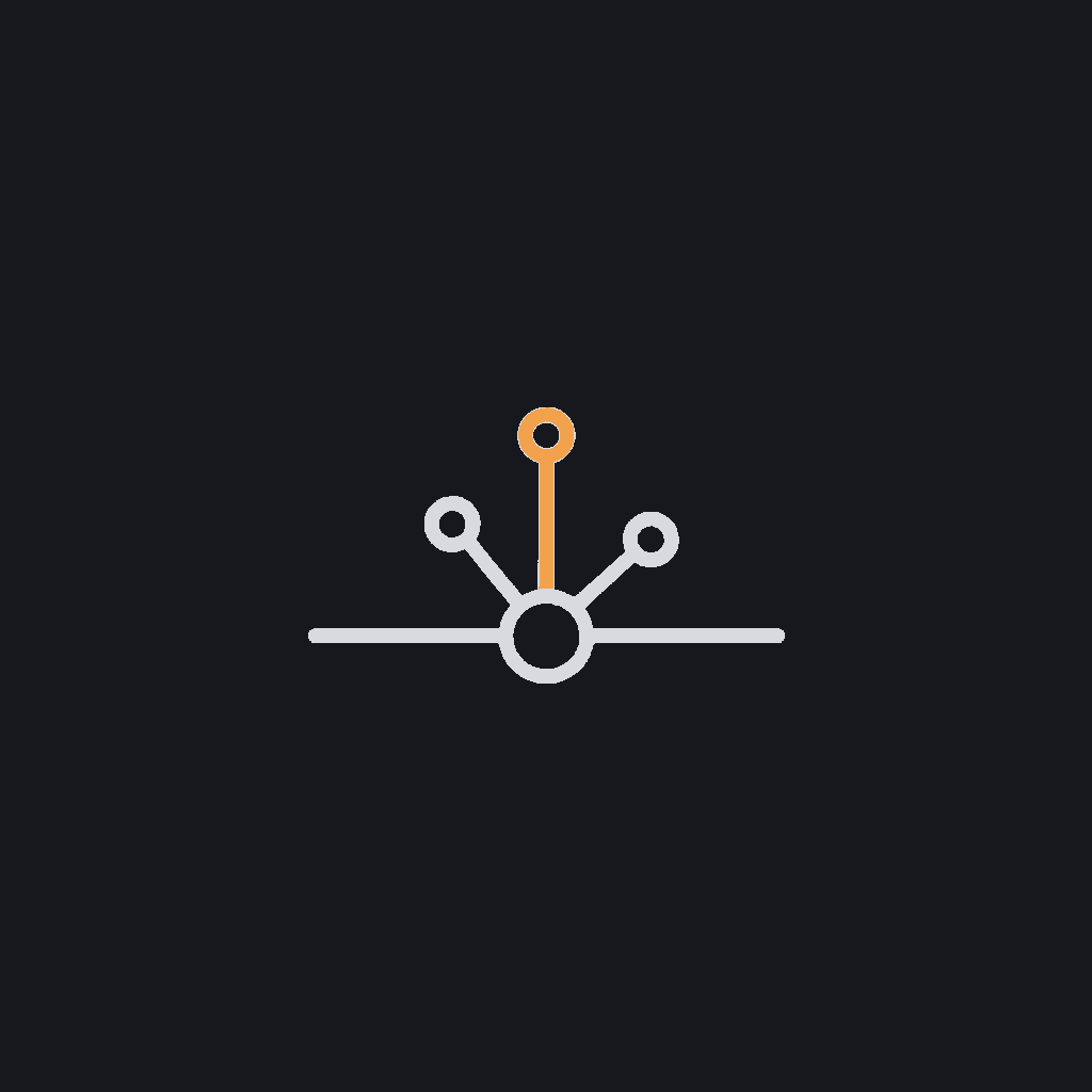 minimal line icon of a circuit node branching into three smaller nodes, representing AI-native architecture