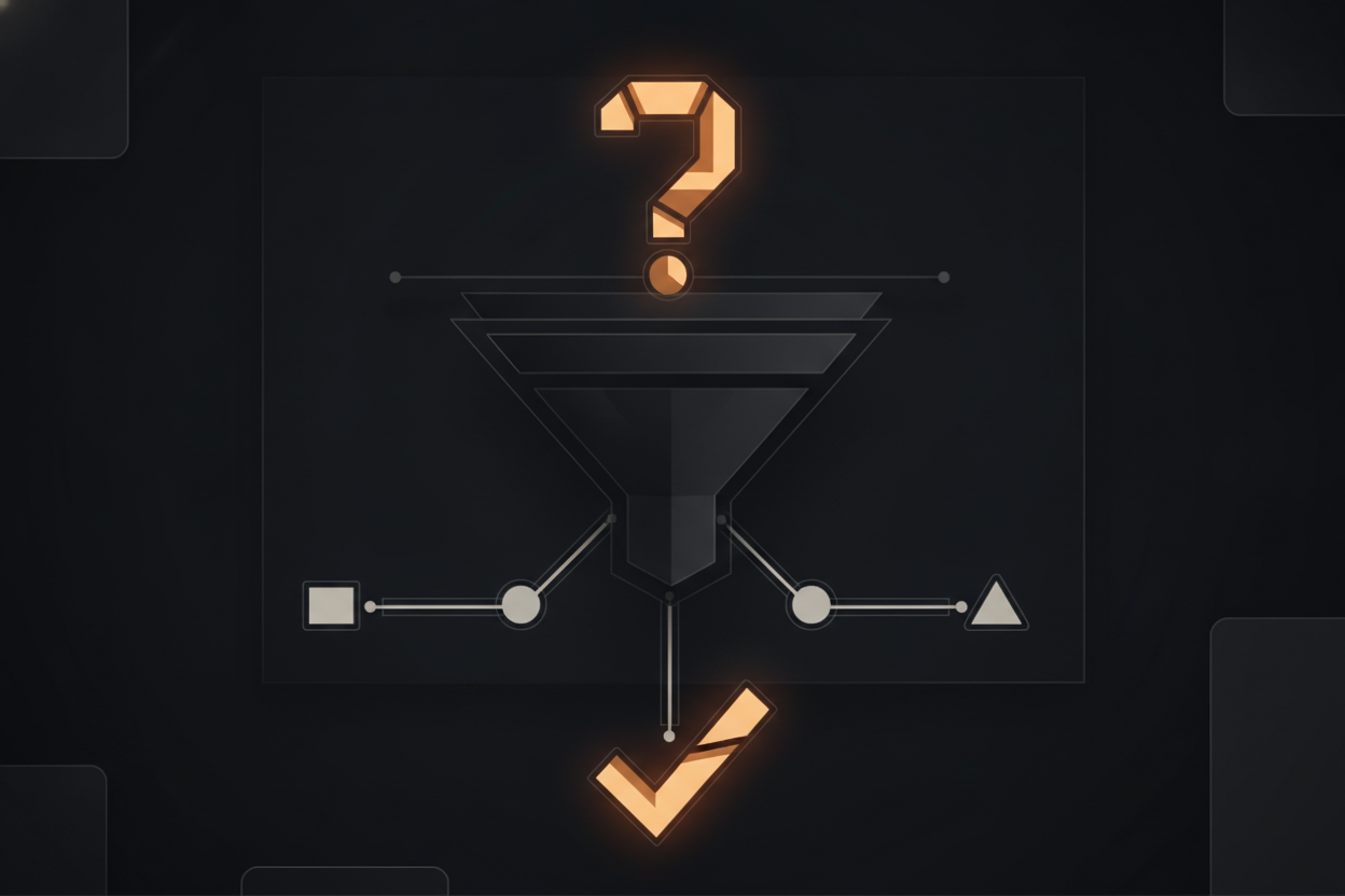 simple flow diagram: a question mark funneling into three labeled paths — timeline, cost, fit — converging into a single checkmark