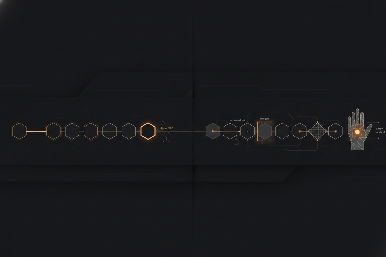 diagram comparing a demo path that dead-ends after the first successful run against a production path that continues through an eval gate, a guardrail checkpoint, and a human hand-off, side-by-side comparison layout