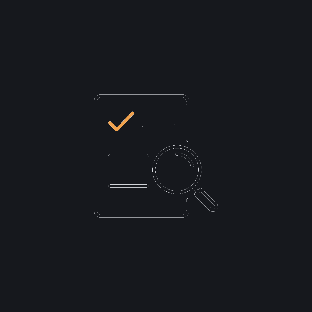 minimal line icon of a checklist with one item checked and a magnifying glass over it