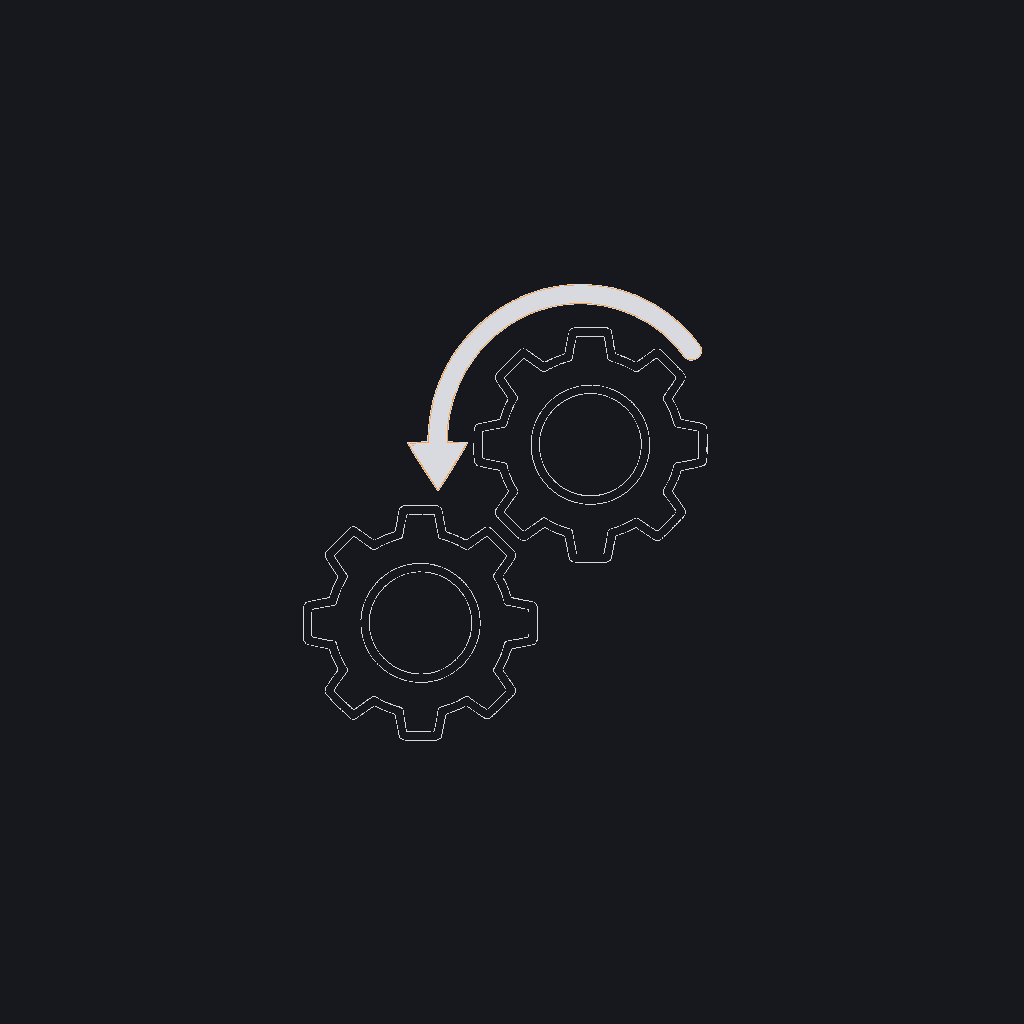 minimal line icon of two interlocking gears with an arrow looping back, representing a continuous build-and-advise partnership
