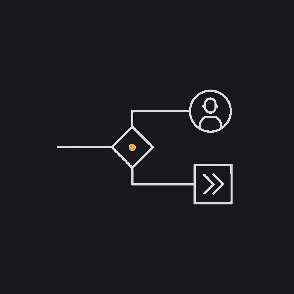 line-diagram icon of a decision branch with a threshold gate and a human-review node