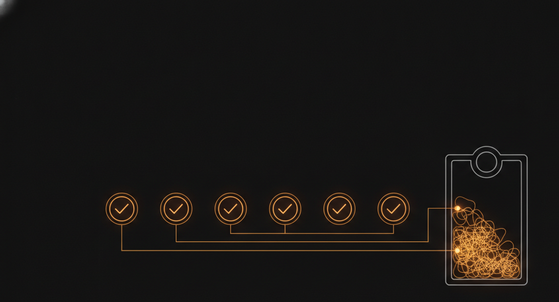 diagram of a stalled workflow: a row of completed bot-task icons (checkmarks) feeding into a single overflowing inbox icon labeled "judgment calls," thin line-art style rendered in amber accent on a dark surface