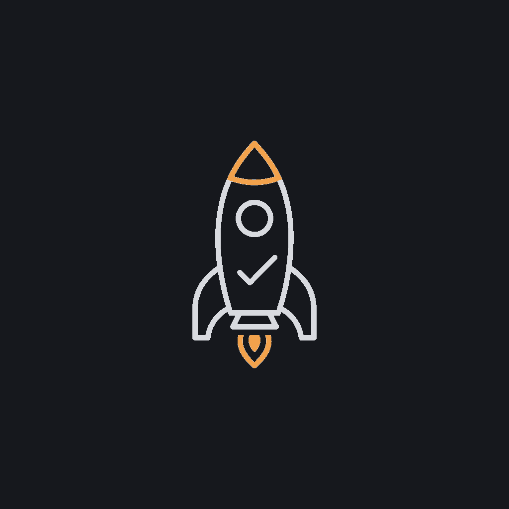 small line icon, checkmark inside a rocket outline, concept of a project cleared to ship