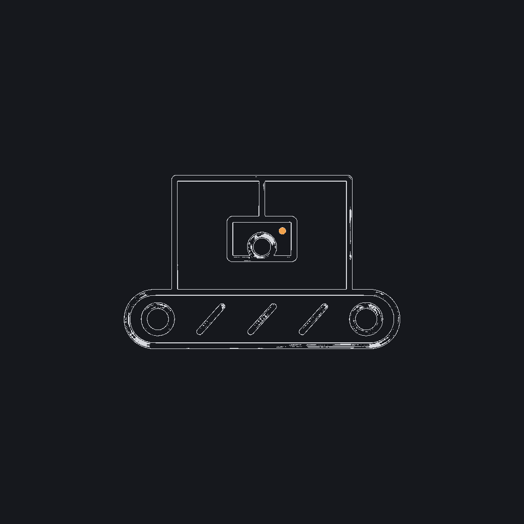 minimal line icon of a conveyor belt segment with a camera mount above it