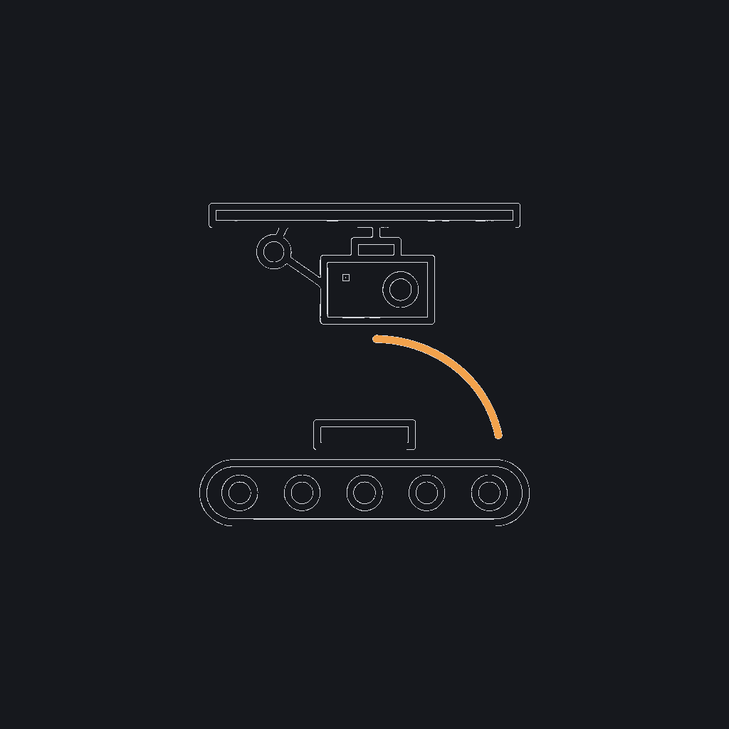 minimal line icon of a camera rig mounted above a conveyor belt, angled down at a single part
