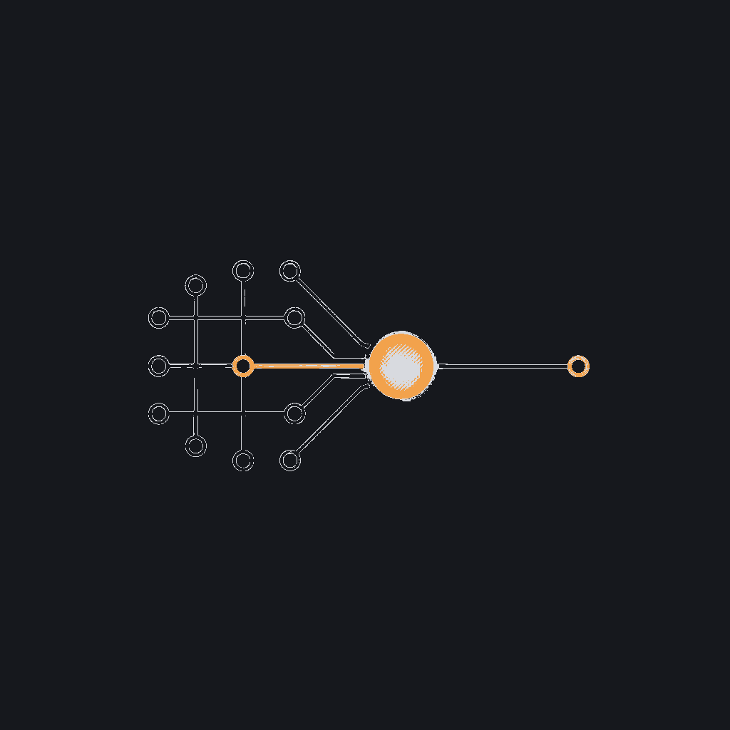 minimal line icon of a neural network node graph converging to a single output point