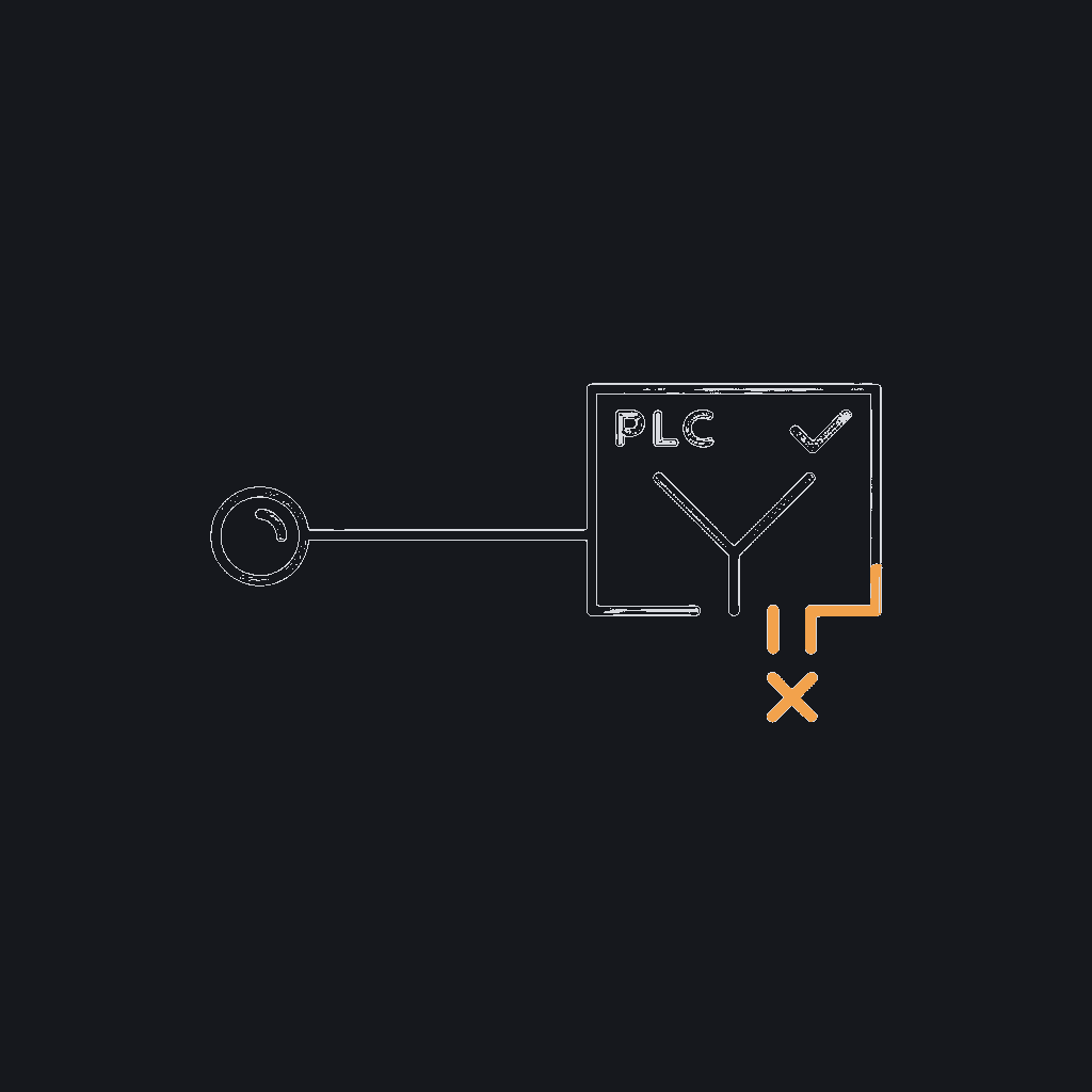 minimal line icon of a signal line running from a camera to a PLC control box, ending in a pass/reject fork