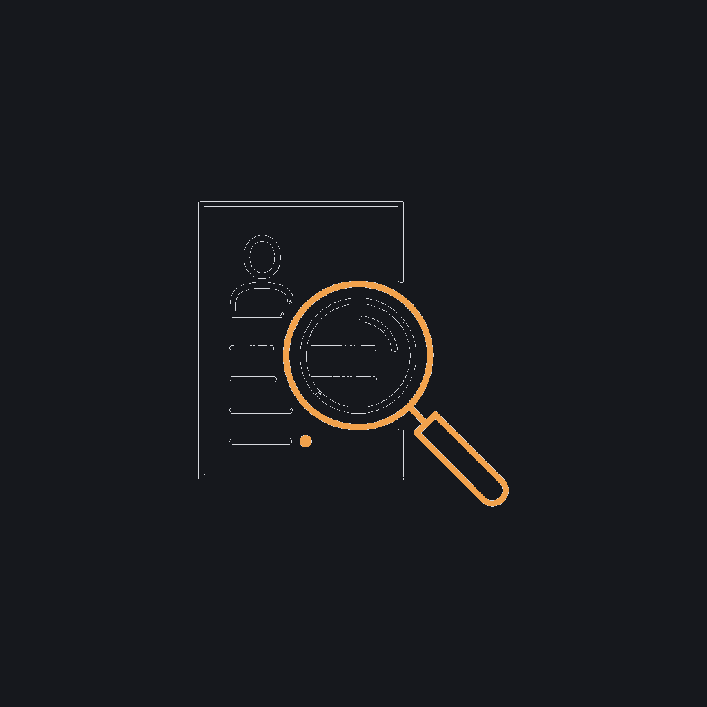 minimal line icon of a magnifying glass scanning a resume card, hiring concept