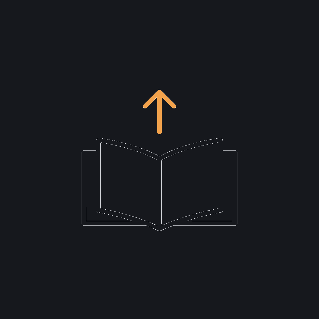minimal line icon of an open book with an upward arrow above it, upskilling concept