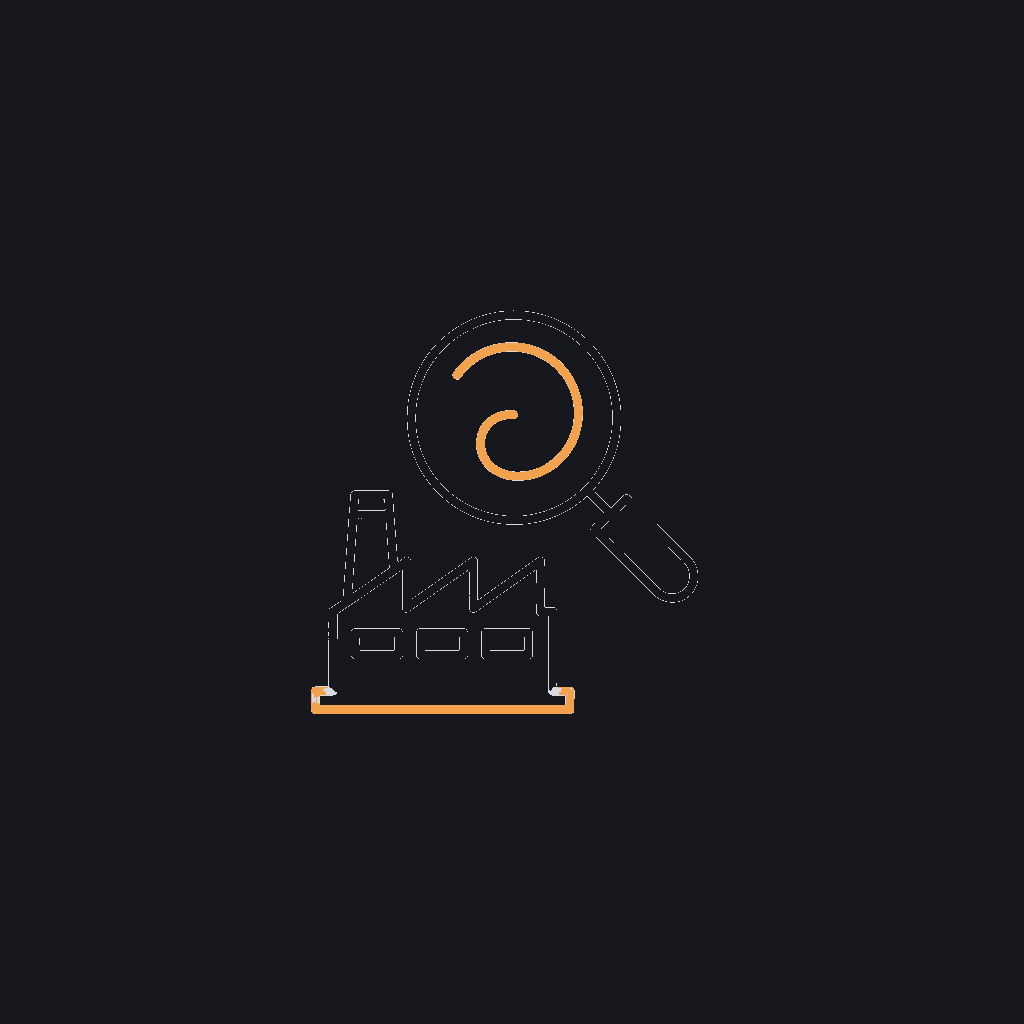 minimal line icon of a magnifying glass over one's own factory floor outline, concept: proof drawn from your own line only