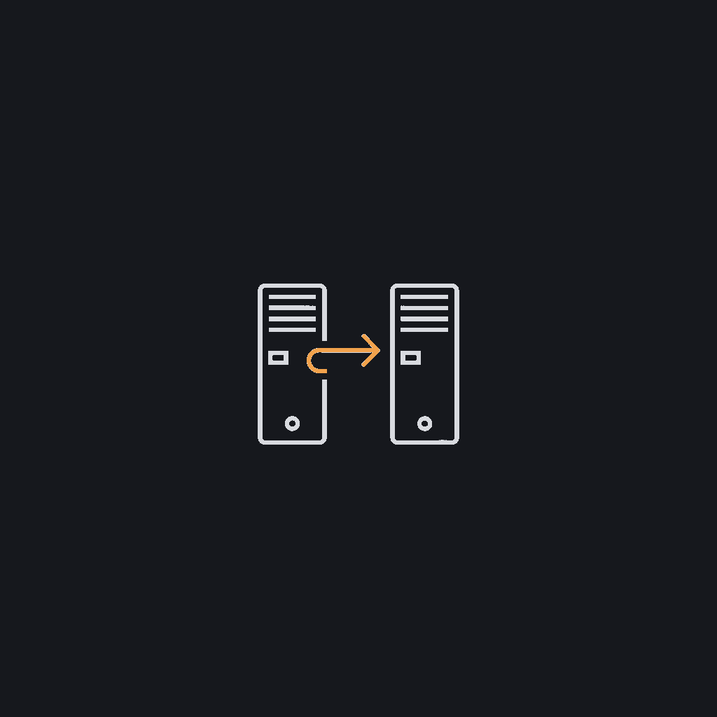 minimal line icon of two server racks linked by a directional arrow, single stroke, integration concept