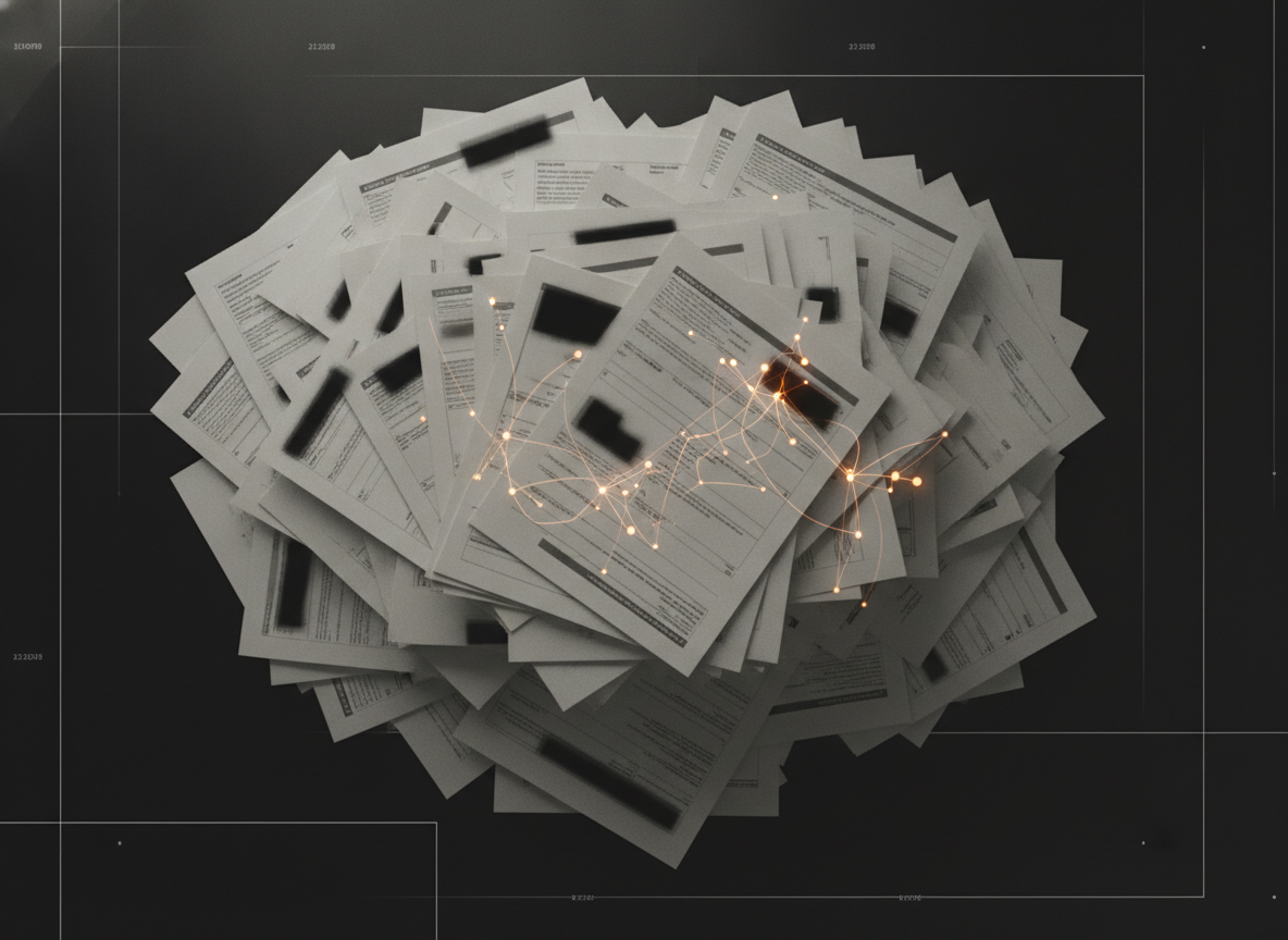 overhead photo of a disorganized stack of loose paper documents and claim forms on a desk, muted lighting, unresolved-work mood