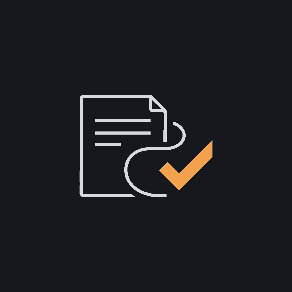 minimal mono-line icon of a document flowing into a checkmark, loan-approval concept, no color fill