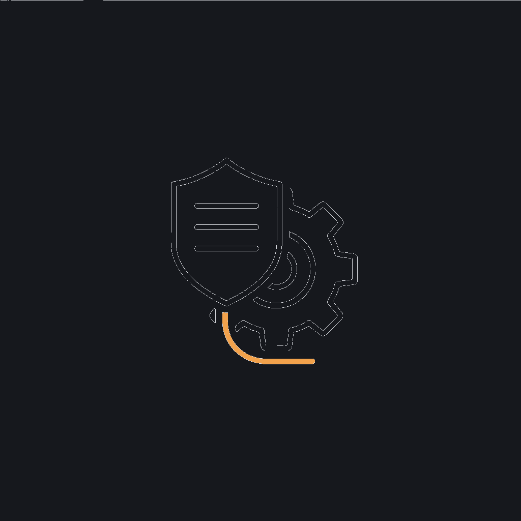 minimal line icon of a shield overlaid on a gear, governance-built-into-the-build concept