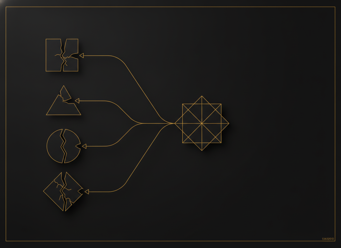 line-art diagnostic schematic, four small failure nodes (data / eval / governance / ownership) each with a broken connector, converging into one repaired system node on the right, single-weight amber line on dark background, engineering-drawing style