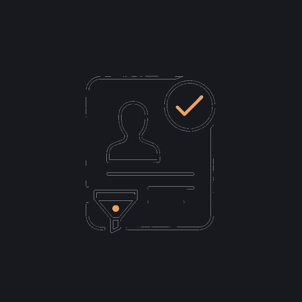 minimal line icon of a candidate profile card with a checkmark badge, screening-filter concept