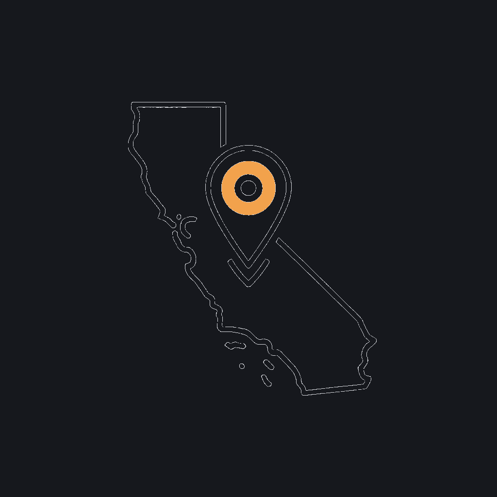 line icon of a location pin over a stylised California coastline outline, coverage-map concept