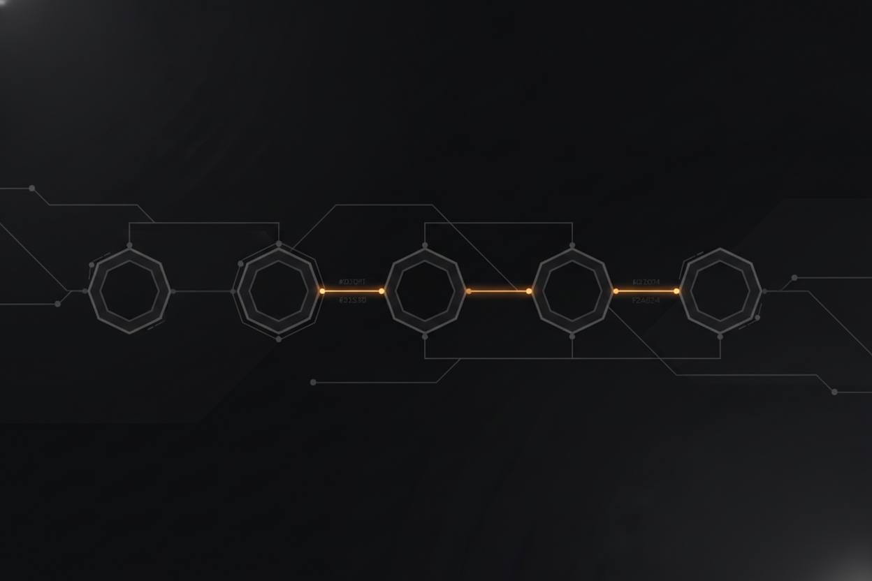abstract technical line-diagram of a six-node pipeline flowing left to right, thin single-accent-color connecting lines on a dark background, engineering-schematic style, no photography or people
