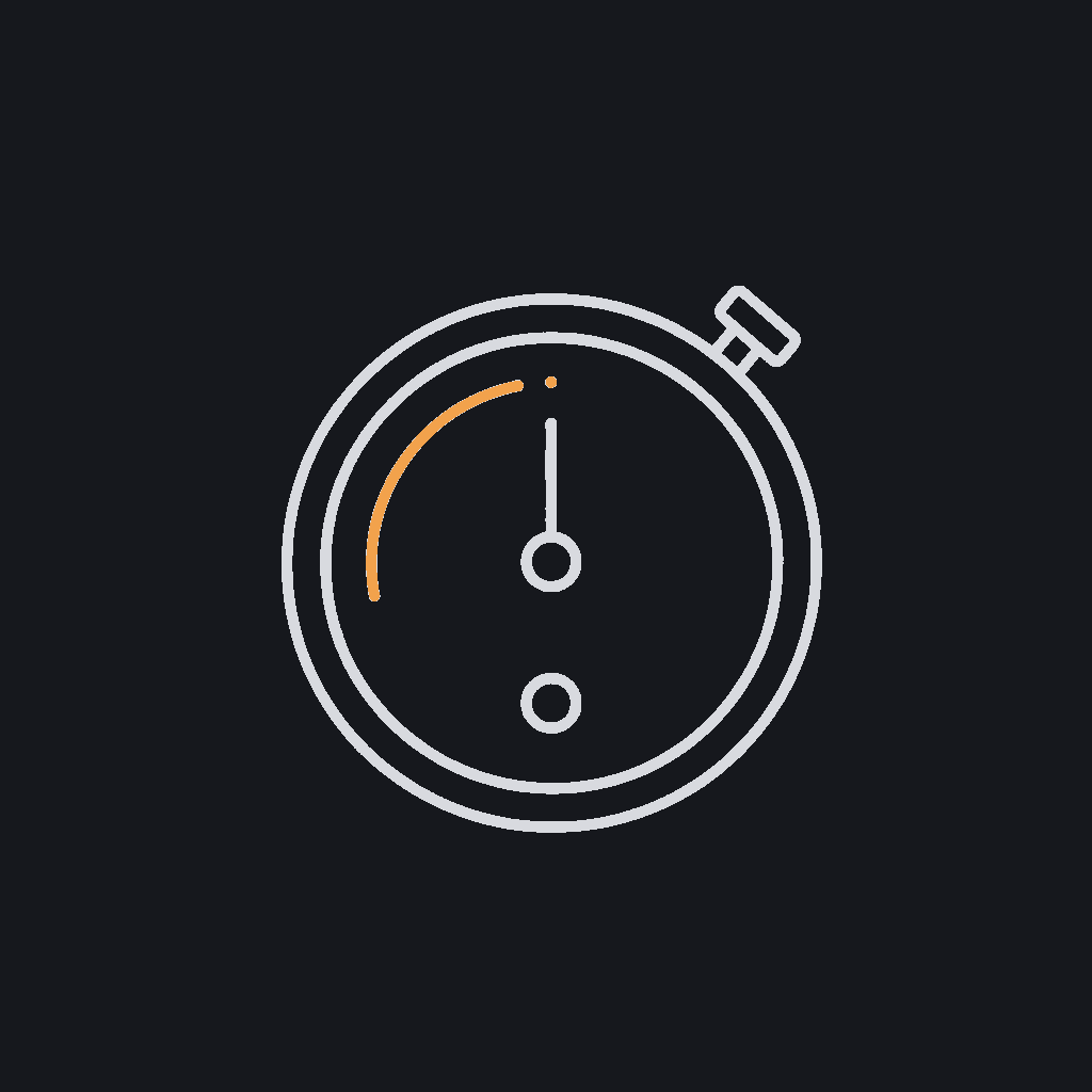 minimal line icon of a stopwatch mid-tick, representing weeks-not-quarters delivery speed