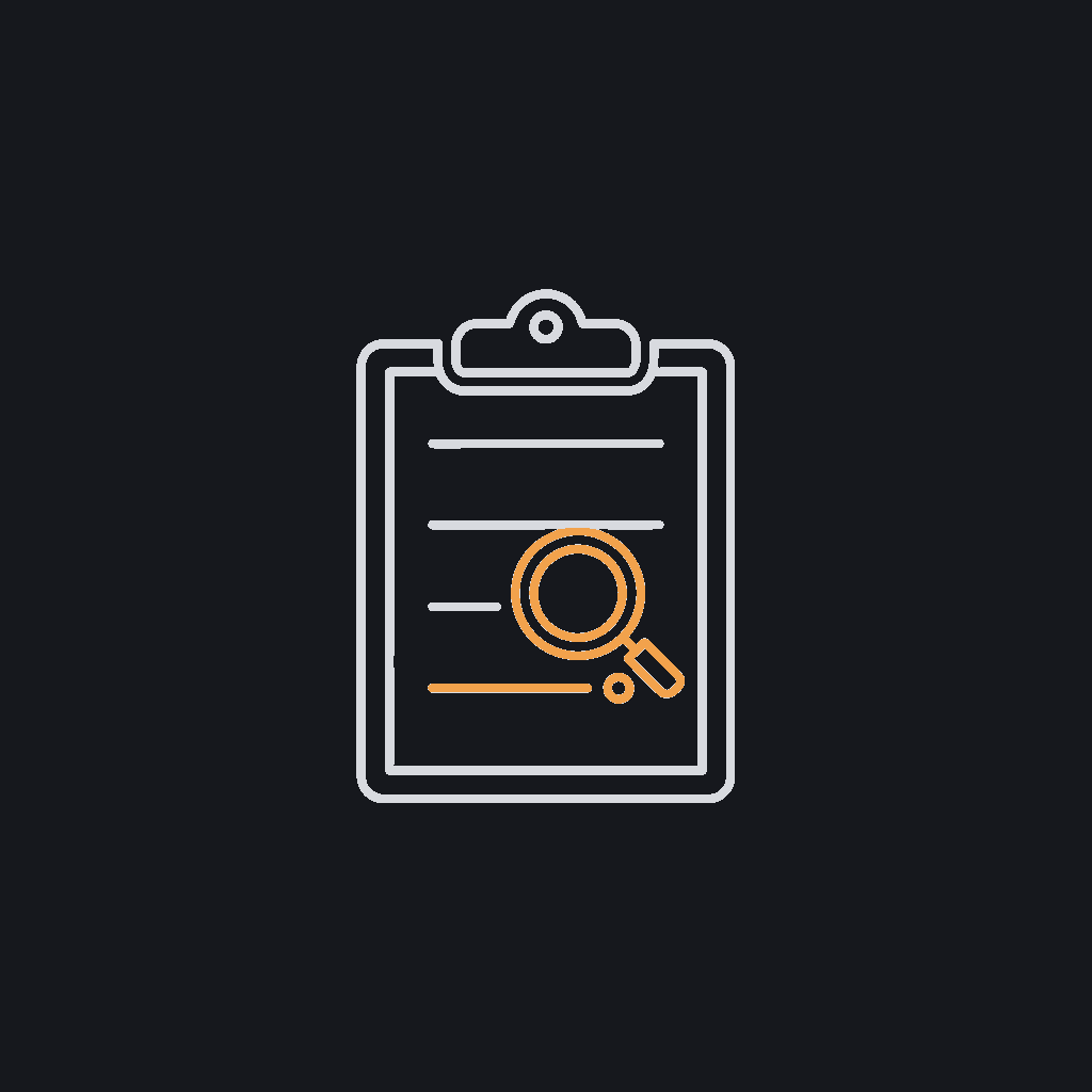minimal line icon of a checklist clipboard with a magnifying glass over one line item, audit-trail concept