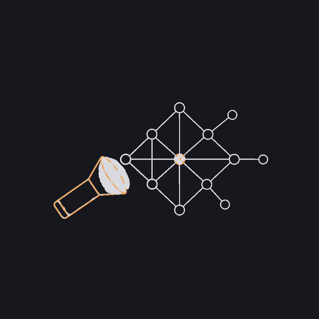 minimal line icon of a flashlight beam revealing one hidden node inside a dark network graph, blind-spot concept