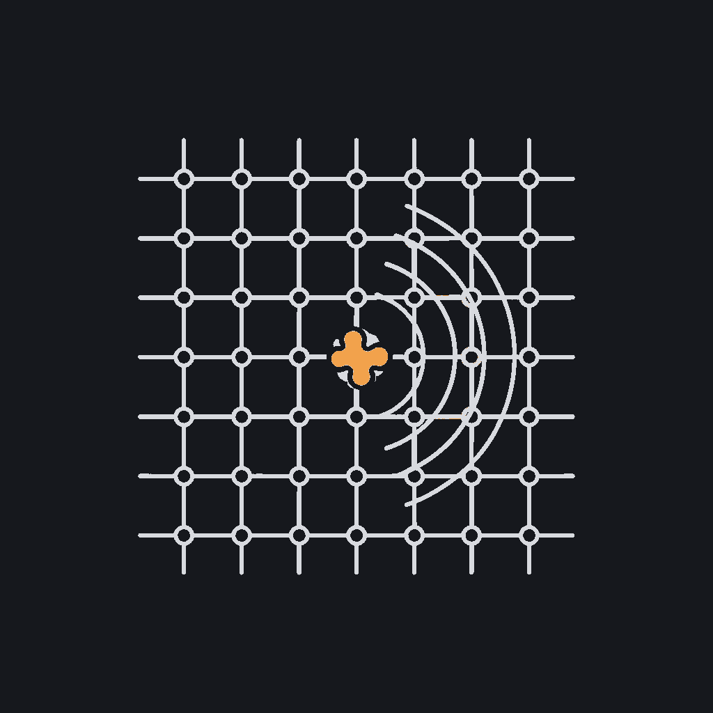 minimal line icon of a radar sweep highlighting one irregular blip among a grid of regular dots, anomaly-detection concept