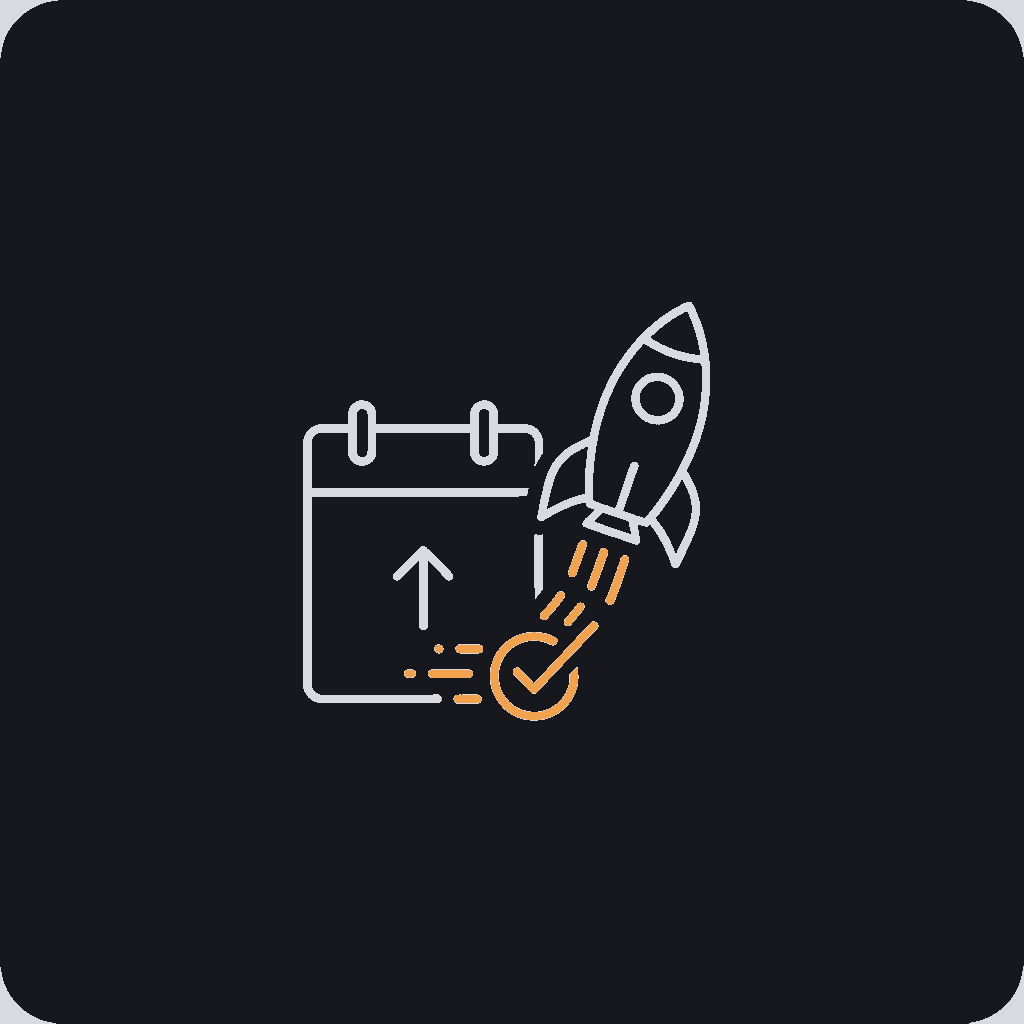 minimal line icon of a rocket departing from a calendar page marked with a short row of days, fast-deployment concept